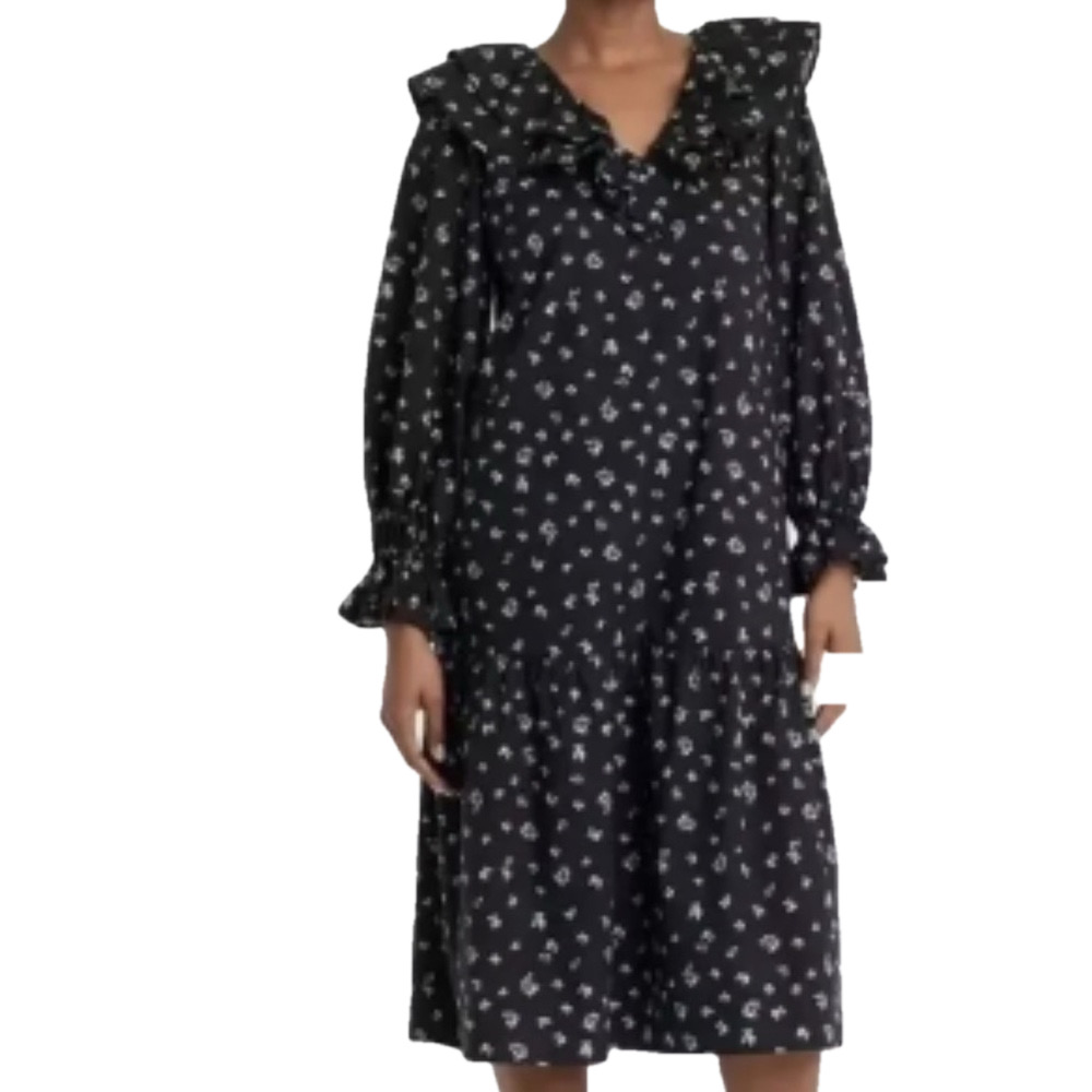Who What Wear v neck black floral puff collar long poets sleeve dress size M GUC
